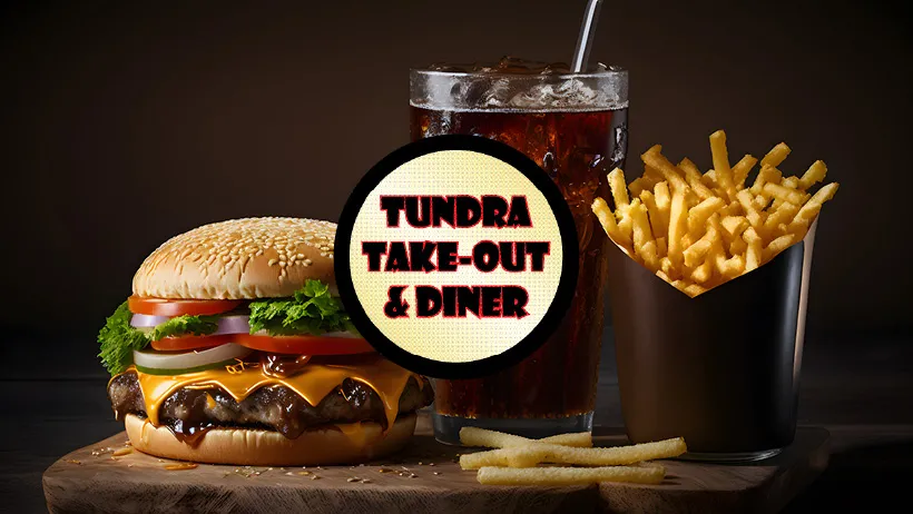 Image of a burger, fries, drink and the Tundra take-out logo